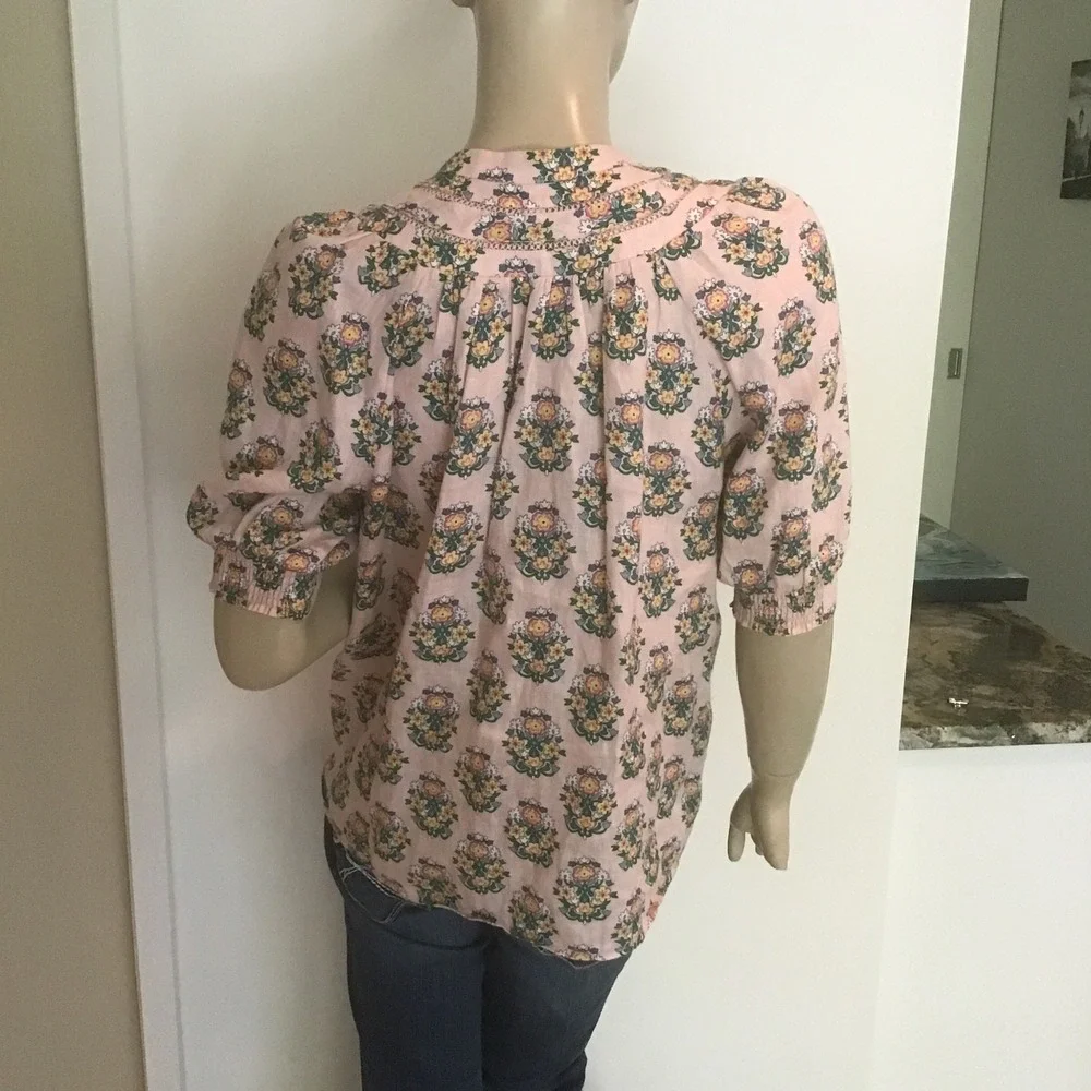 Boden Pink Floral Bea 100% Linen Lace Trim Puff Sleeve Blouse Top US 4 UK 8 Boho